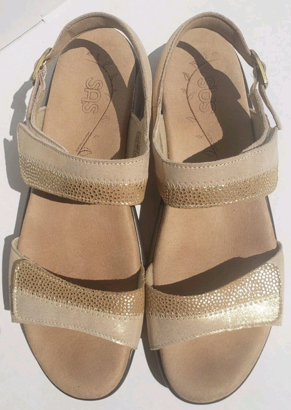 SAS Women's Nudu Sandal 9.5N Gold Shimmer Adjustabl Comfort Leather USA EXCELLNT